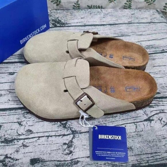 Birkenstock Boston taupe suede mule clogs - Picture 1 of 7
